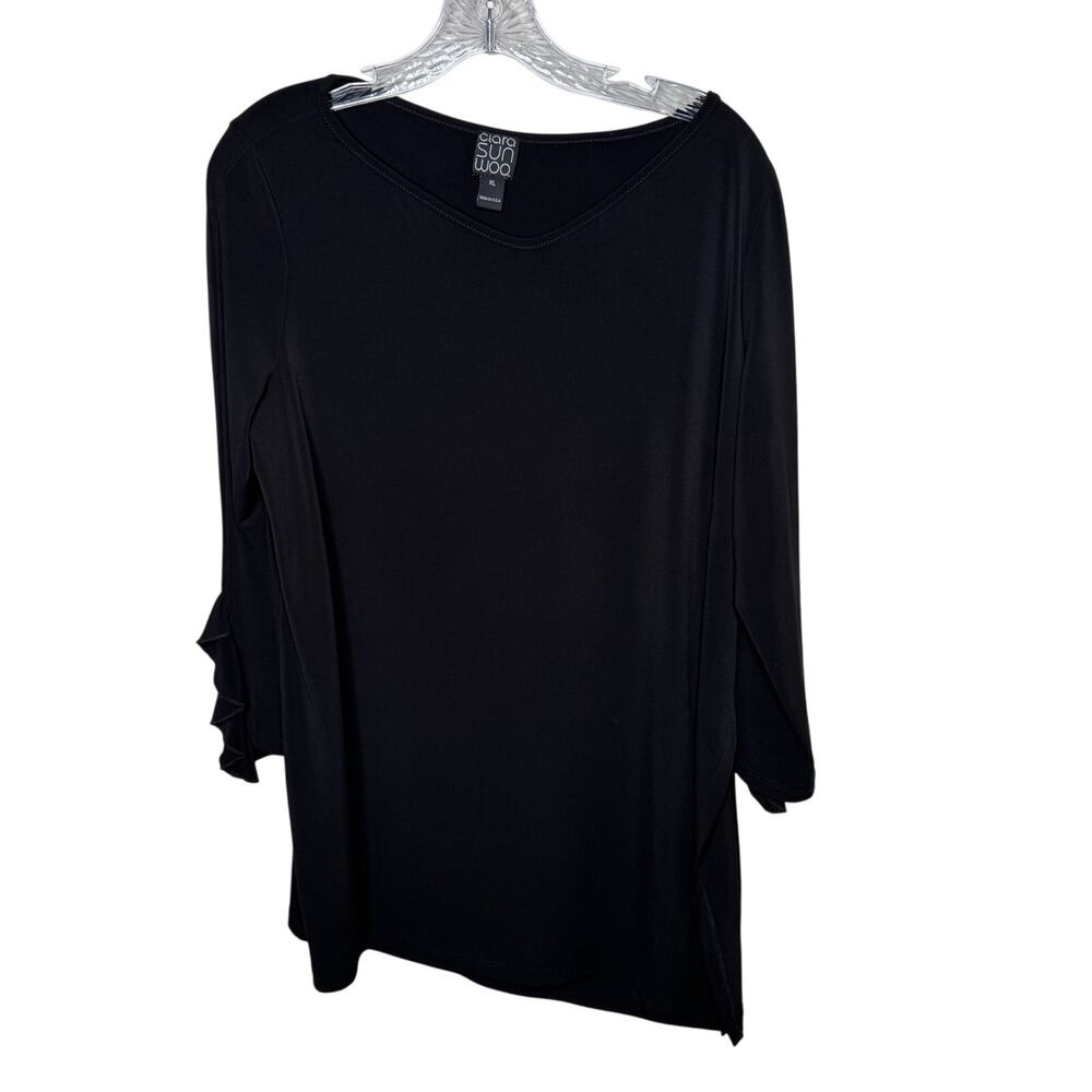 Ciara Sun Woo XL Black Ruffle Sleeve Tunic Top Stretch Knit Made in USA